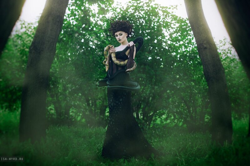 Woman with Snakes in Forest — Green
