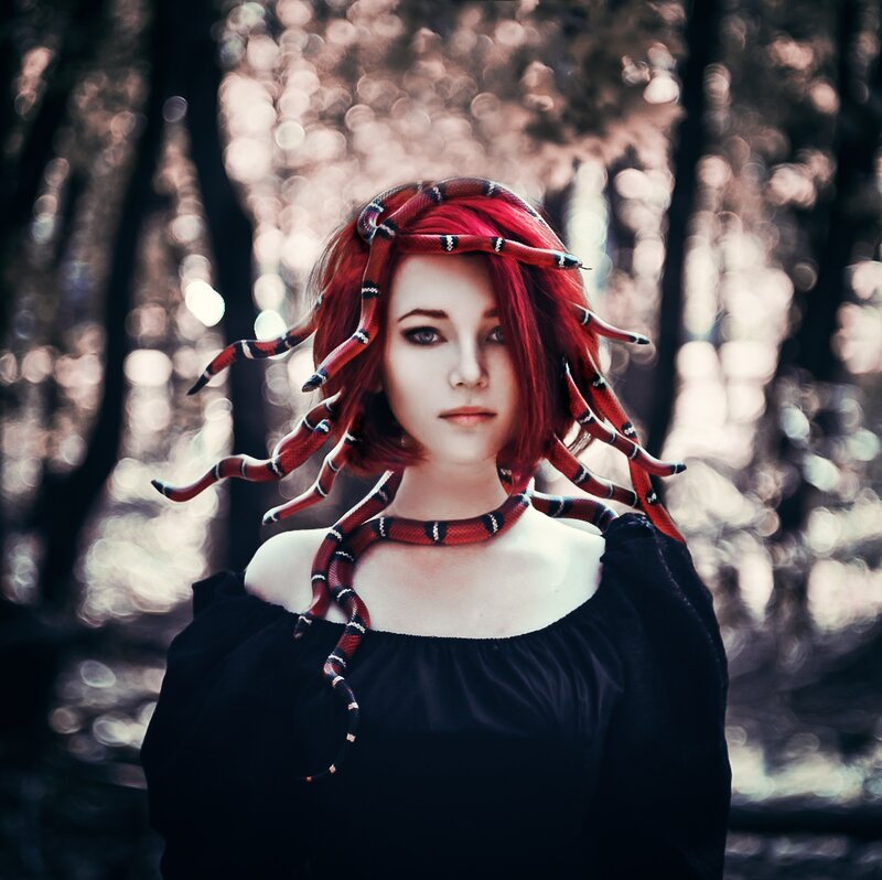 Woman with Snakes in Hair — Red, Dramatic