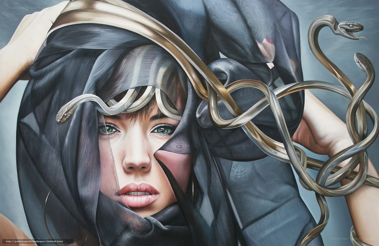 woman with snakes in veil