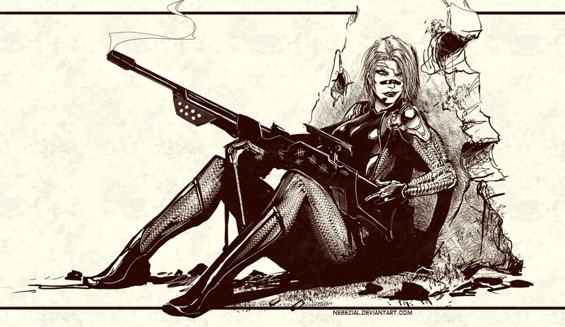 Woman with Sniper Rifle — Black, Dramatic, Illustration