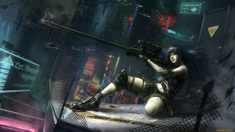 Woman with Sniper Rifle — Black, Dramatic, Night