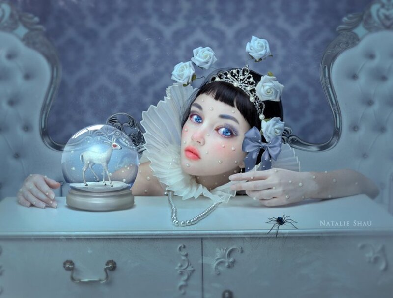Woman with Snow Globe — White, Dreamy