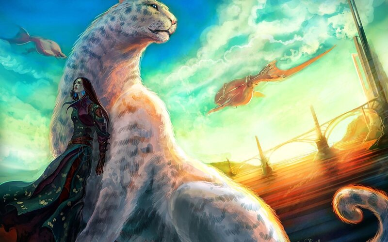 Woman with Snow Leopard — Blue, Dramatic, Sunset, Digital Art