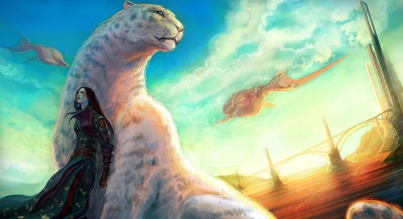 Woman with Snow Leopard — Blue, Dramatic
