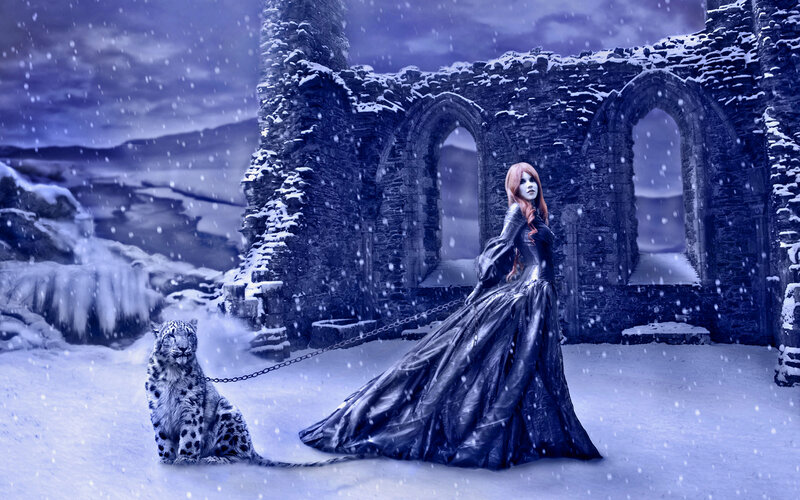 Woman with Snow Leopard — Blue, Dramatic, Winter, Digital Art