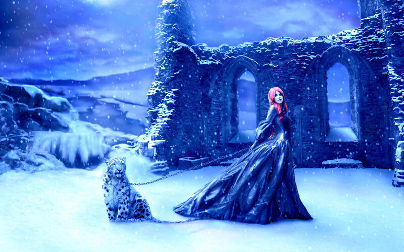 Woman with Snow Leopard — Blue, Dramatic, Winter