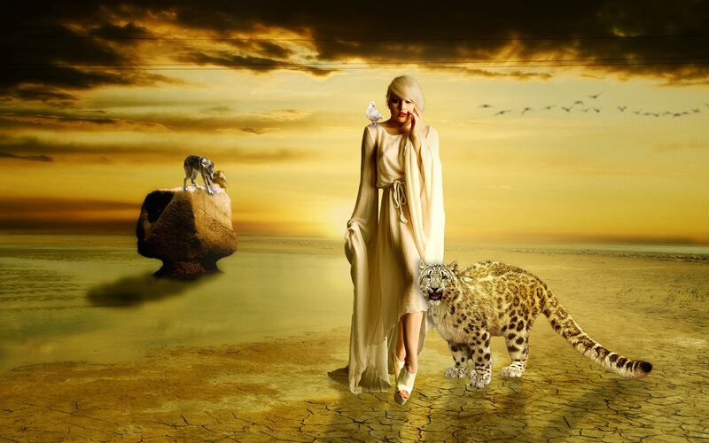 Woman with Snow Leopard — Gold