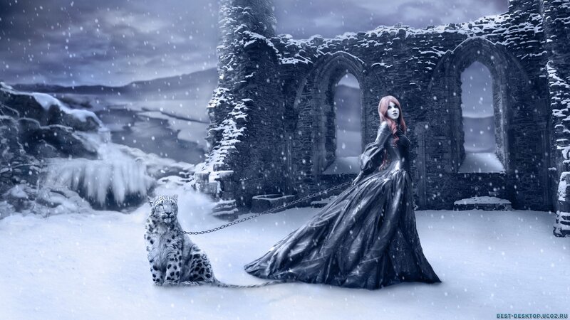 woman with snow leopard in ruins