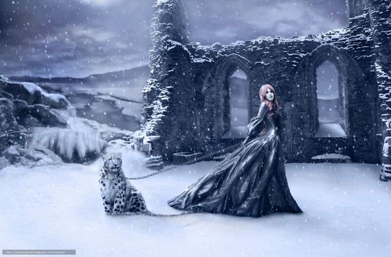 Woman with snow leopard in ruins