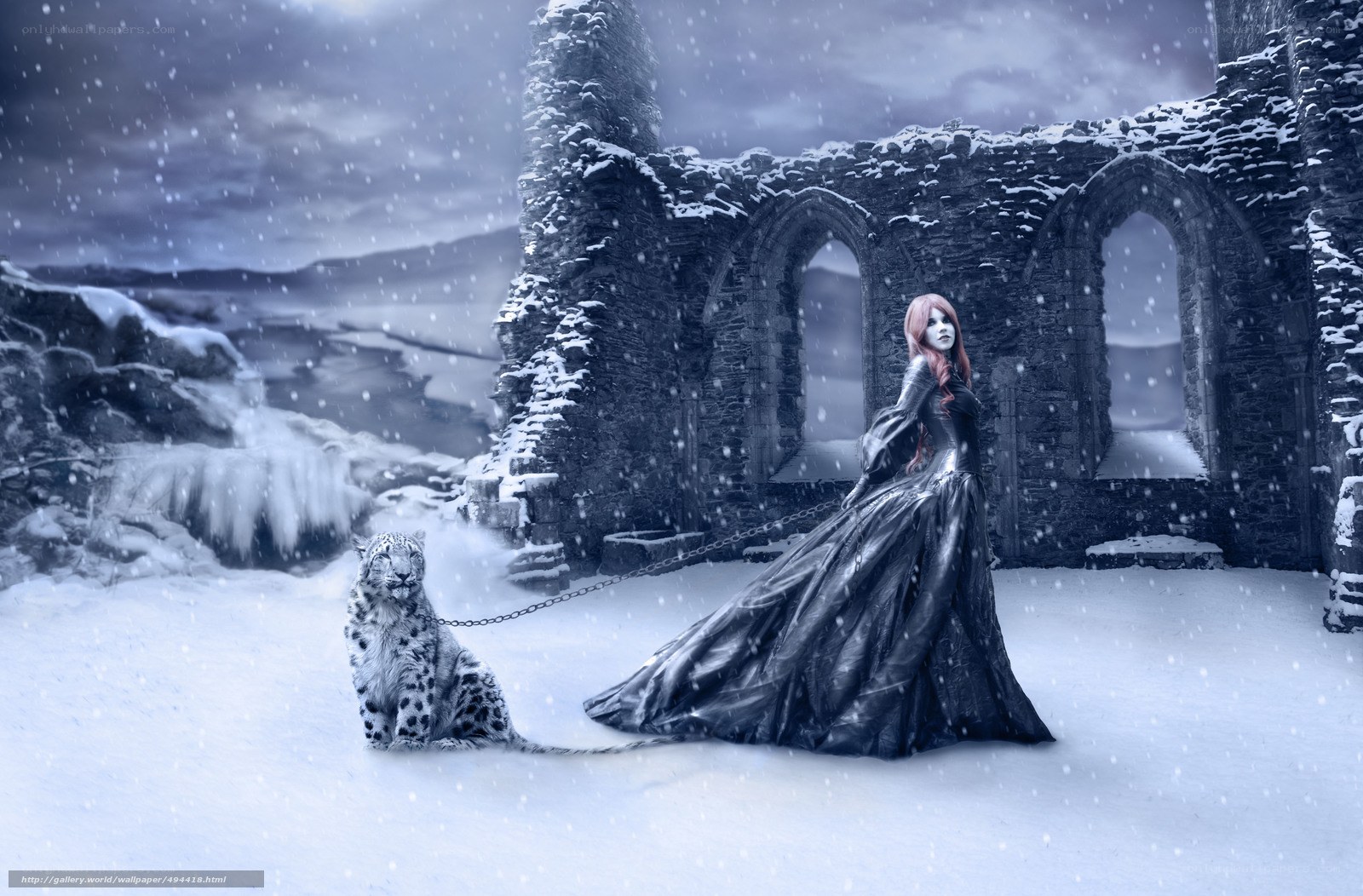 Woman with snow leopard in ruins