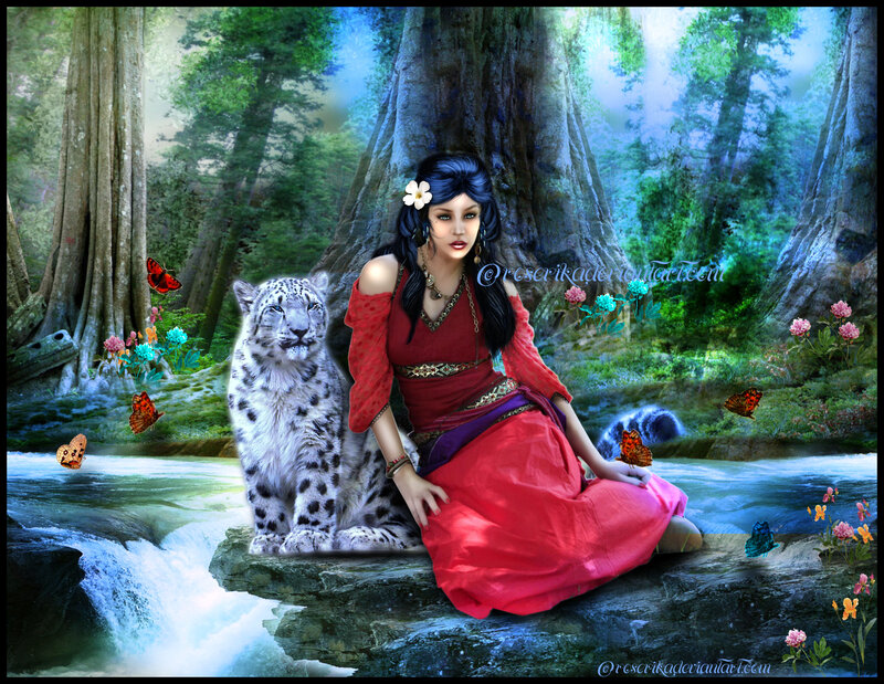 Woman with Snow Leopard — Red