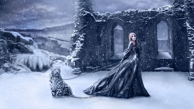 Woman with Snow Leopard — White, Dramatic, Winter, Digital Art, Snow Leopard