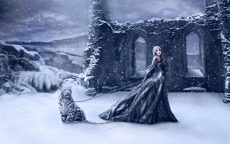 Woman with Snow Leopard — White, Dramatic, Winter, Digital Art