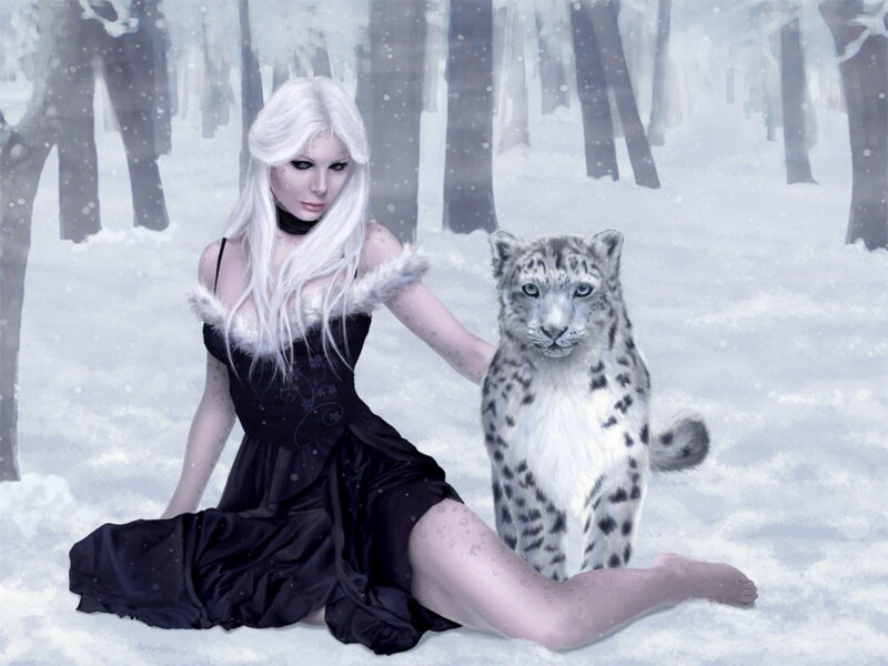 Woman with Snow Leopard — White, Serene