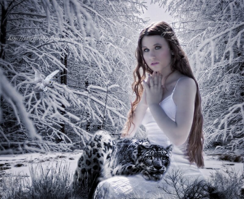 Woman with Snow Leopard — White, Serene, Winter