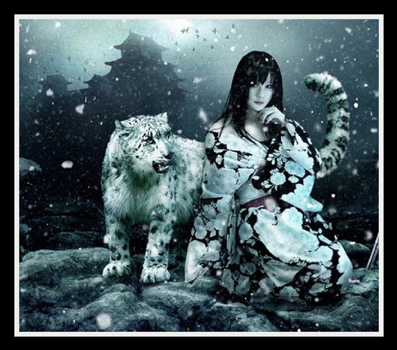 Woman with Snow Leopard — White
