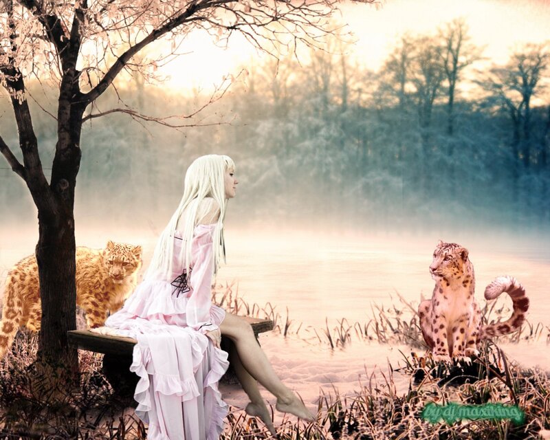 Woman with Snow Leopards — Pink