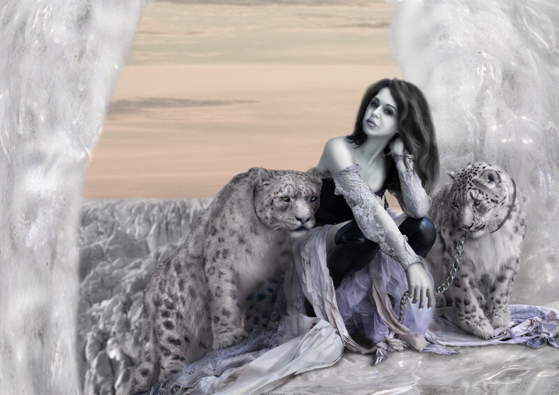 Woman with Snow Leopards — White