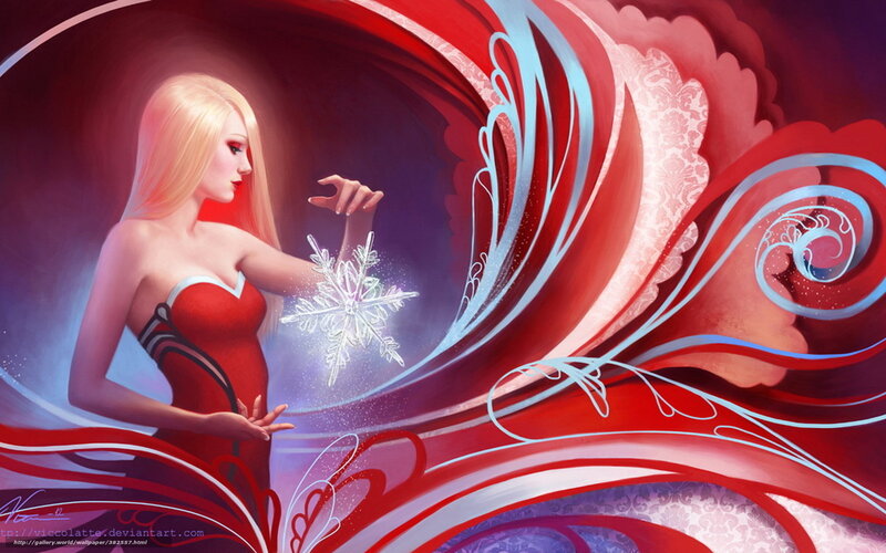 woman with snowflake in red dress