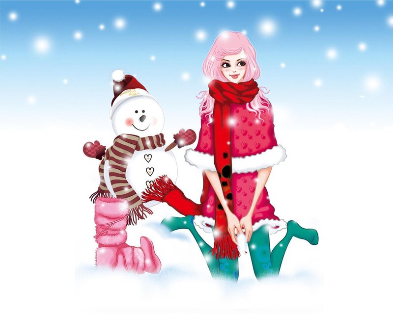 Woman with snowman in winter