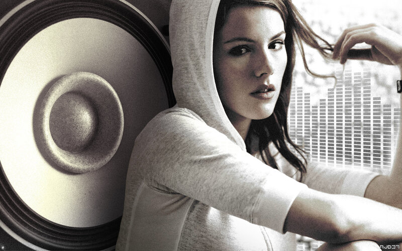 woman with speaker and audio visualizer
