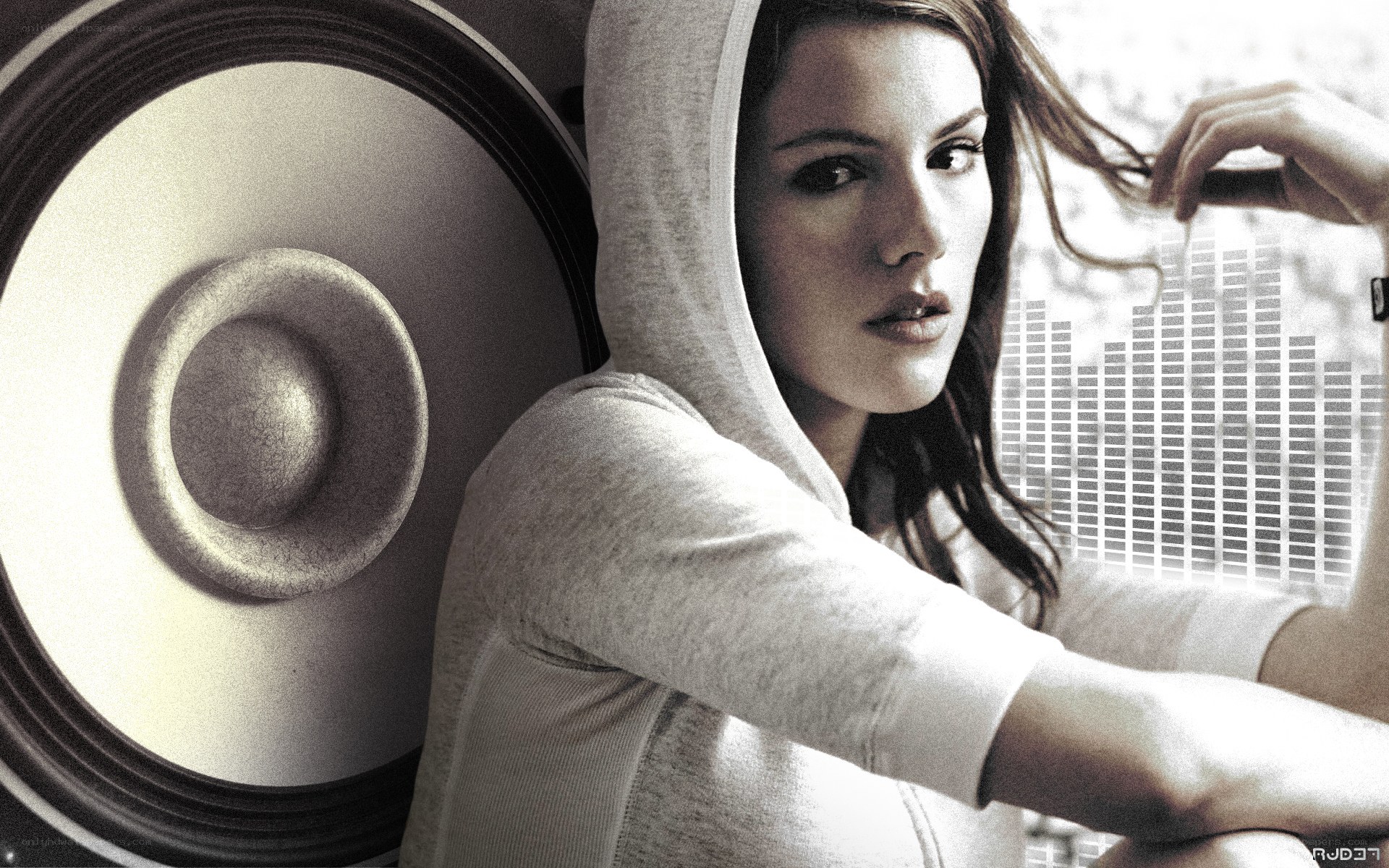 woman with speaker and audio visualizer
