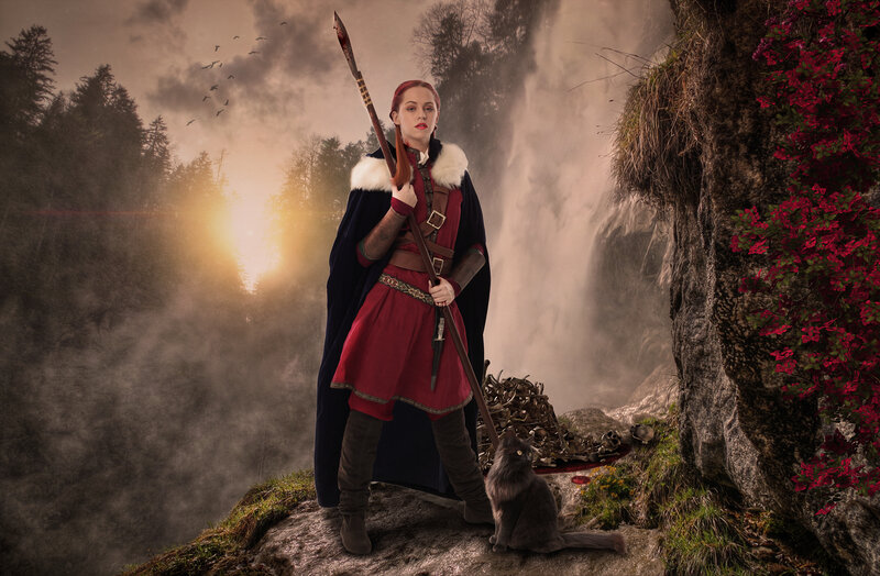 Woman with Spear and Cat — Red