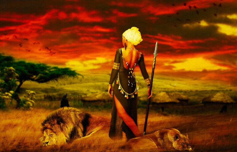Woman with Spear and Lions