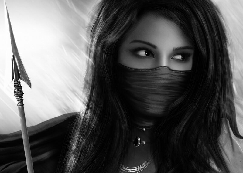woman with spear and mask