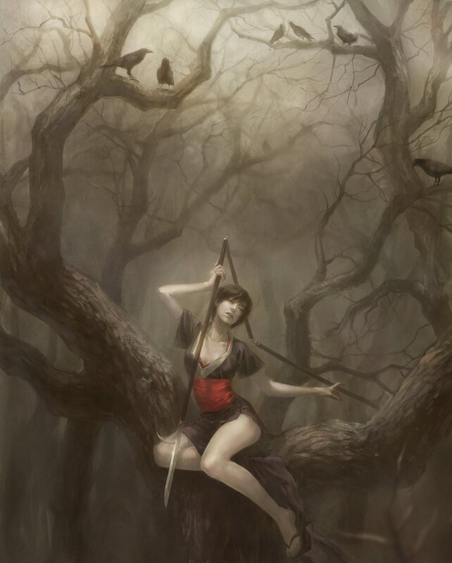 Woman with spear in a misty forest