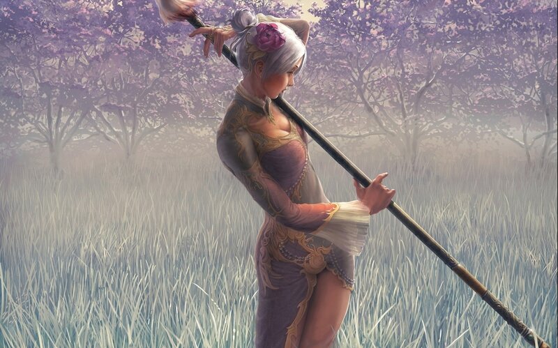 Woman with Spear in Field — Purple