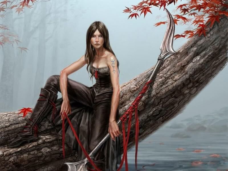 Woman with spear in forest
