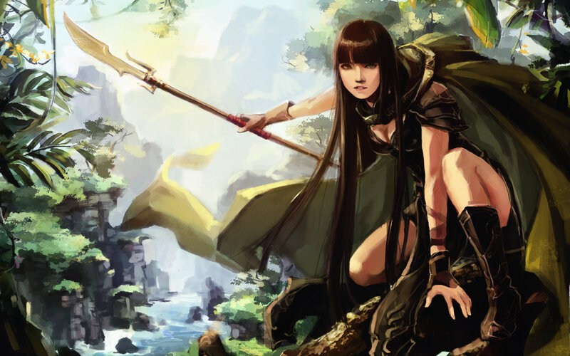 Woman with Spear in Jungle — Green