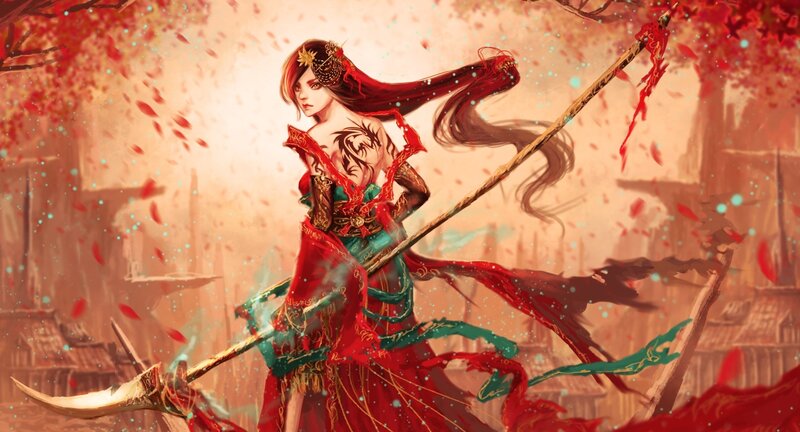 Woman with Spear in Red Dress