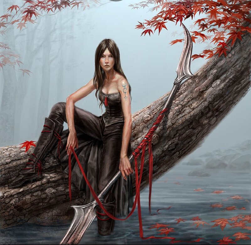 Woman with Spear on Log — Red