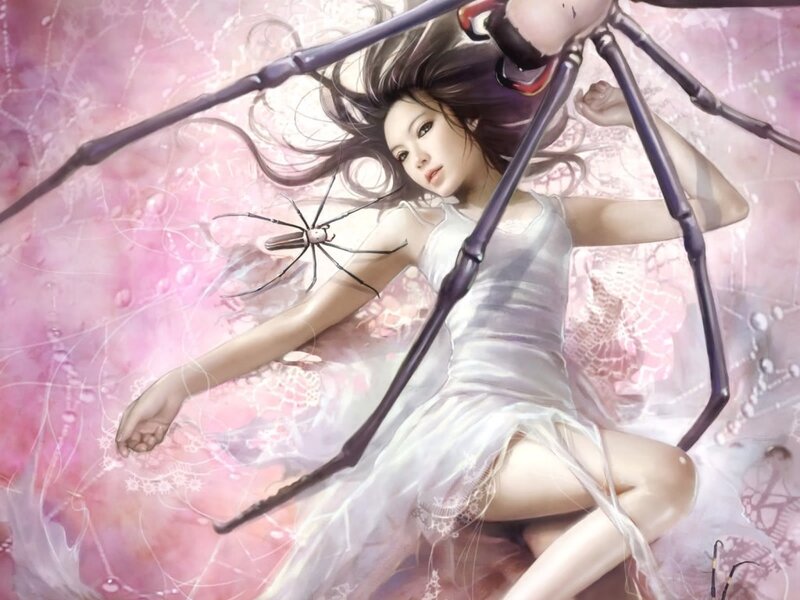 Woman with Spider Legs — Pink, Dreamy, Digital Art, Dress, Web