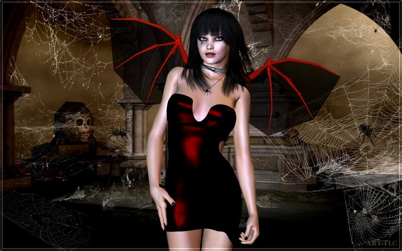 woman with spider wings in a gothic hall
