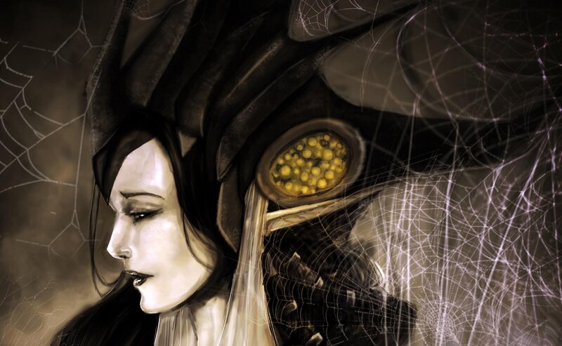 woman with spiderweb helmet