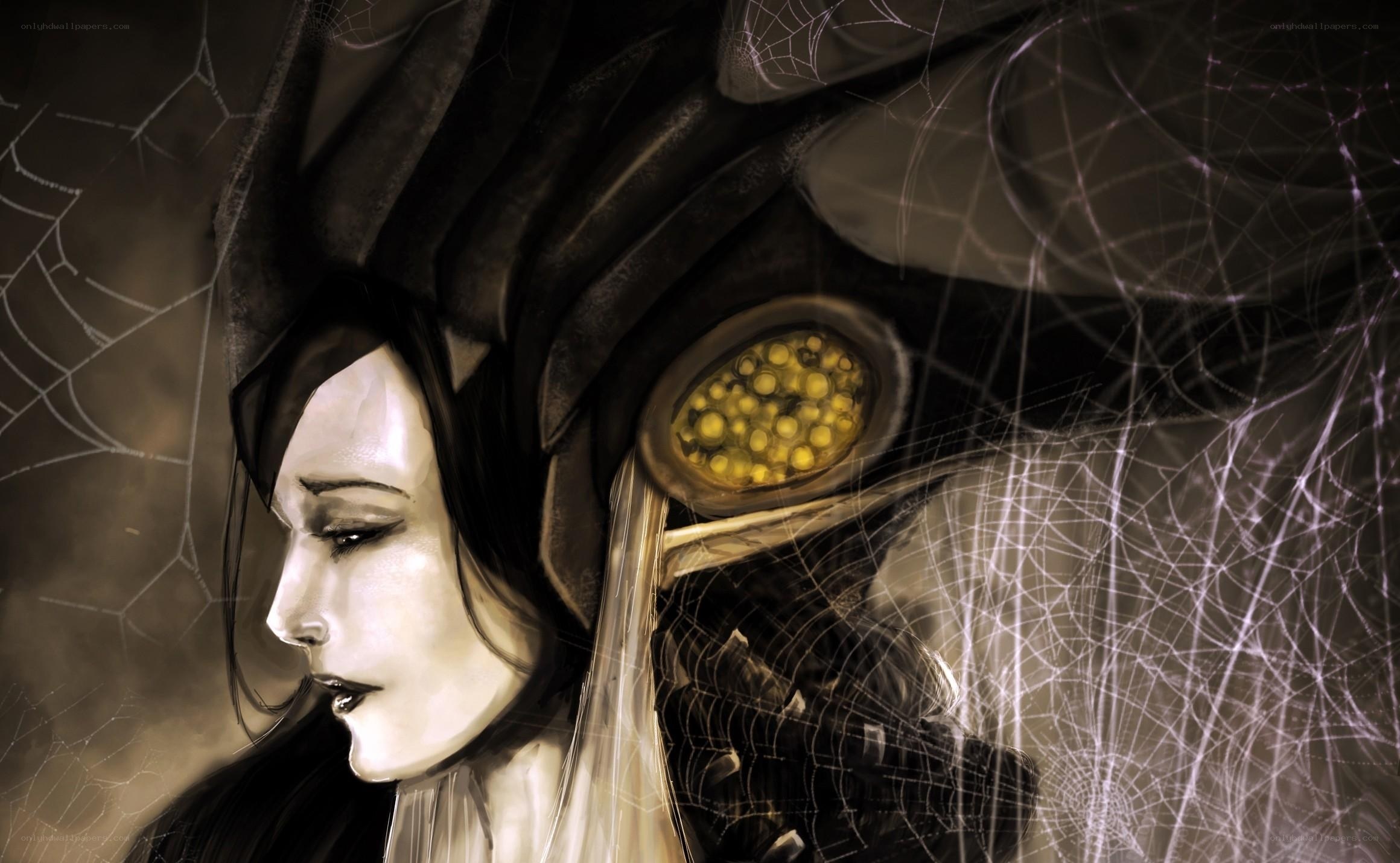 woman with spiderweb helmet