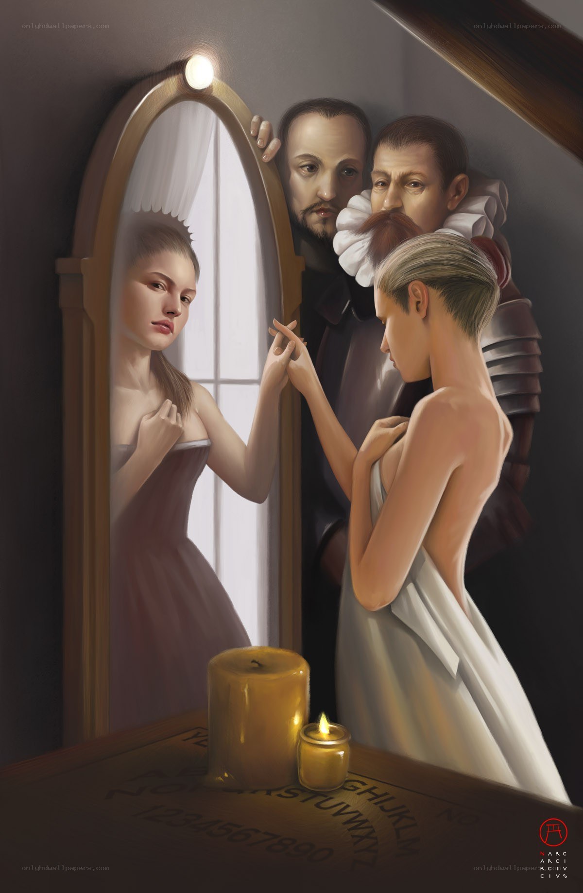 woman with spirits in mirror