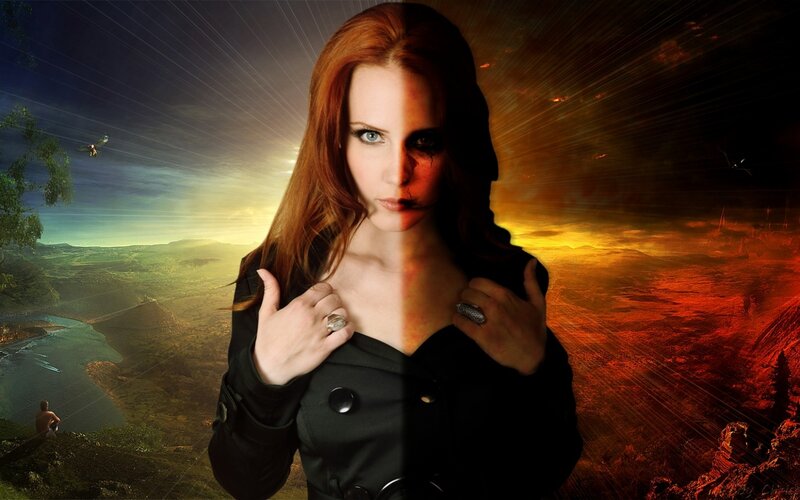 woman with split face and dual landscapes