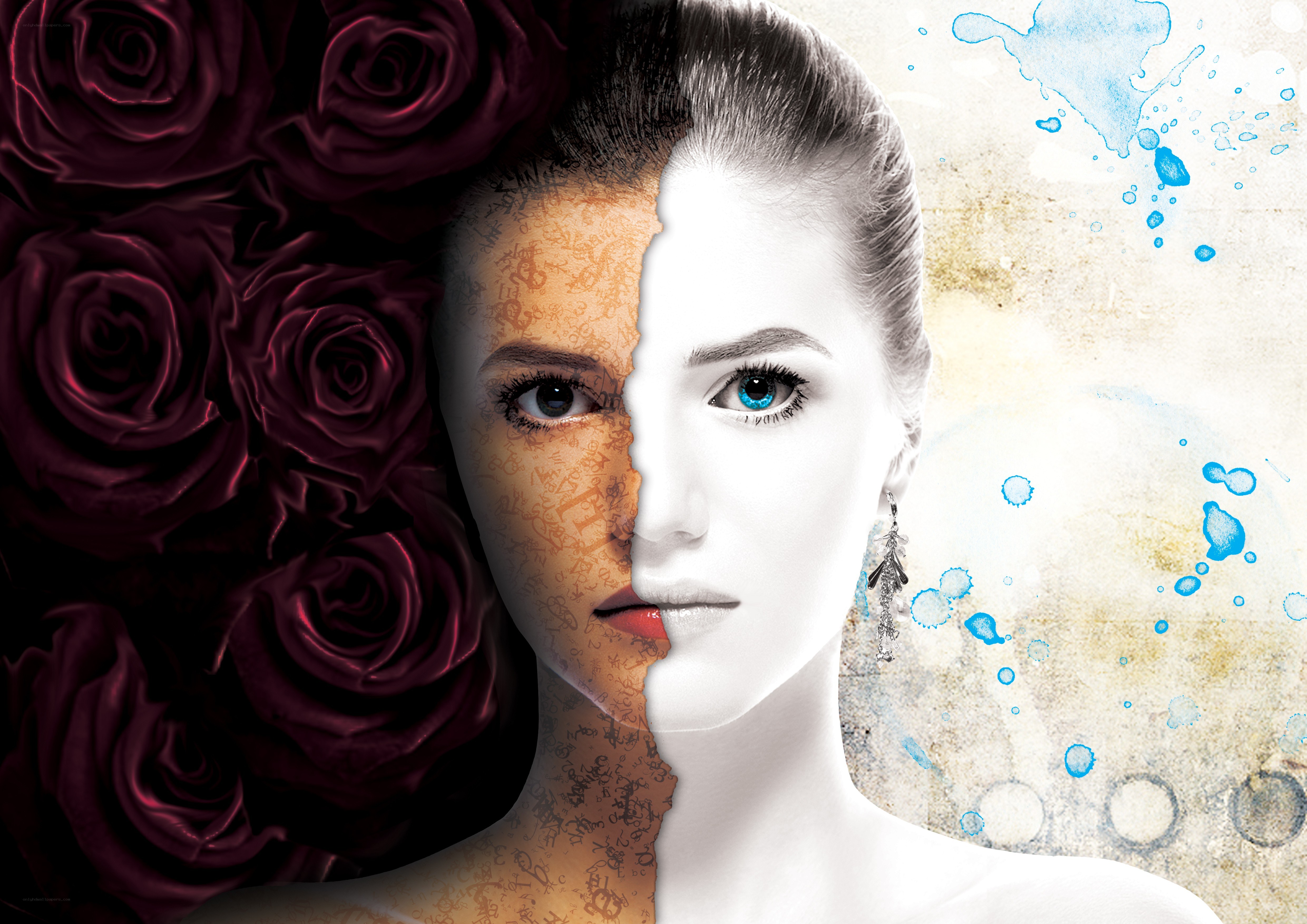 woman with split face and roses