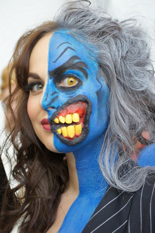 woman with split-face makeup