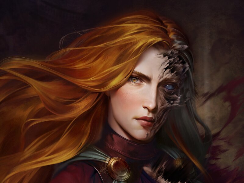 Woman with Split Face — Red, Dramatic