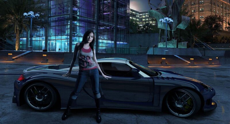 woman with sports car at night