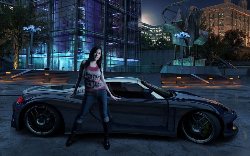 woman with sports car at night