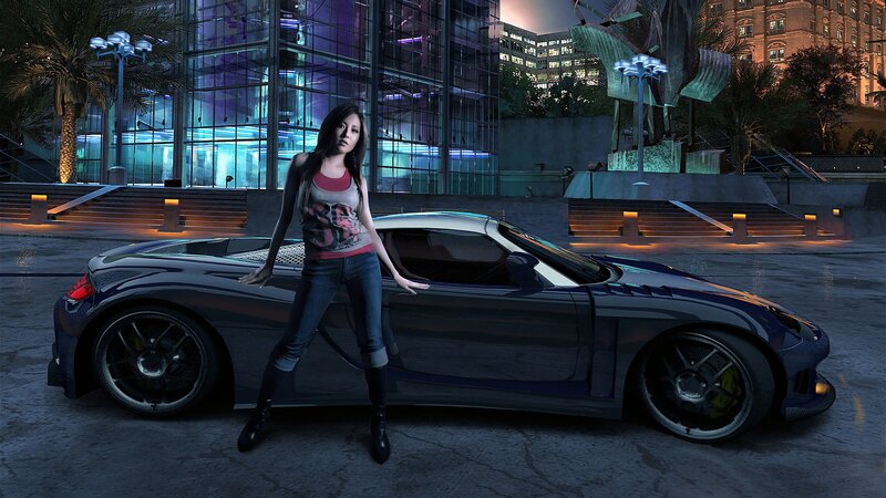 woman with sports car at night