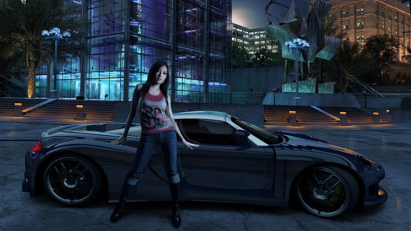 woman with sports car at night