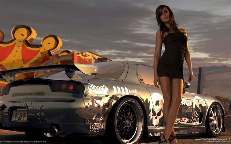 woman with sports car at sunset