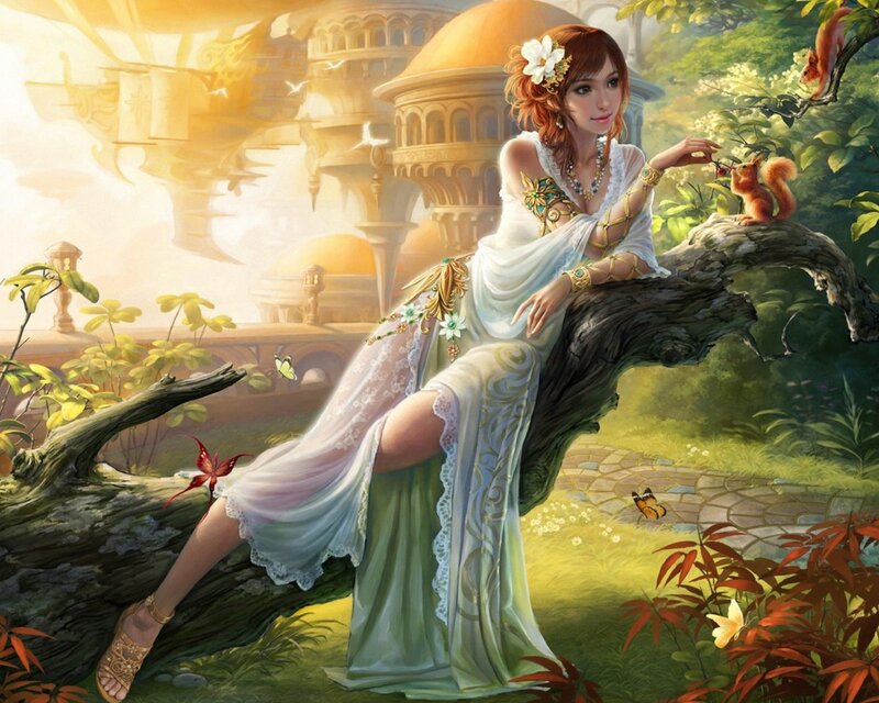 Woman with Squirrel — Green, Serene, Afternoon, Digital Art, Butterfly